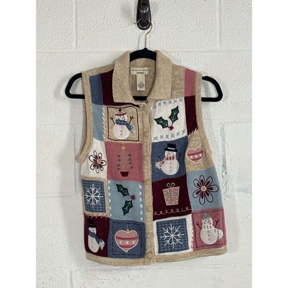 Bechamel Petites PM Christmas Sweater Vest Patchwork Snowman Holiday Retro - Picture 2 of 7